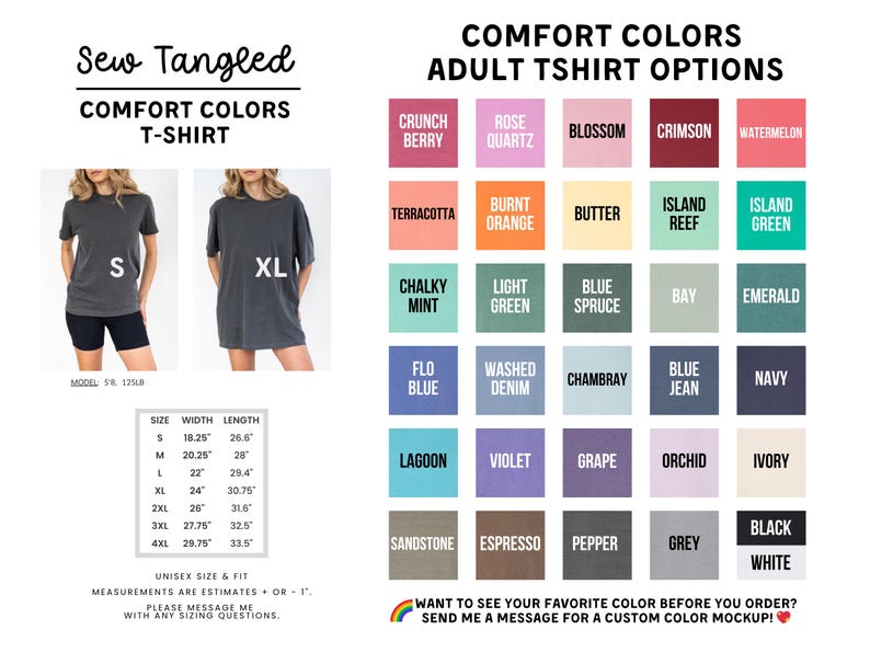 The image is a collage of various adult t-shirt options, including different colors and styles, along with their corresponding measurements and fit information.