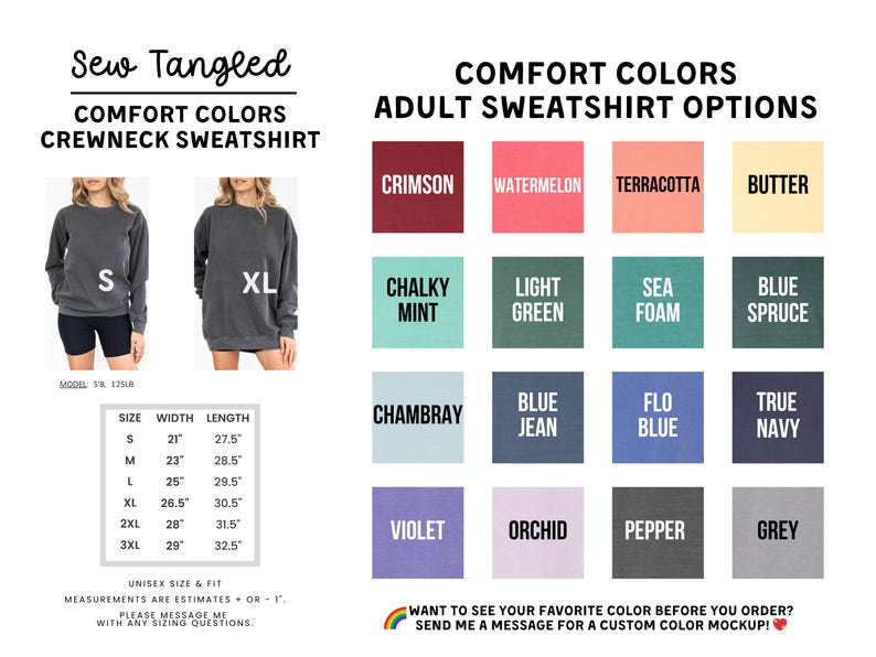 The image is a collage of various adult sweatshirt options, including crew necks, with different colors and styles. The text provides information about the comfort colors and crew neck sweatshirt options available for purchase.