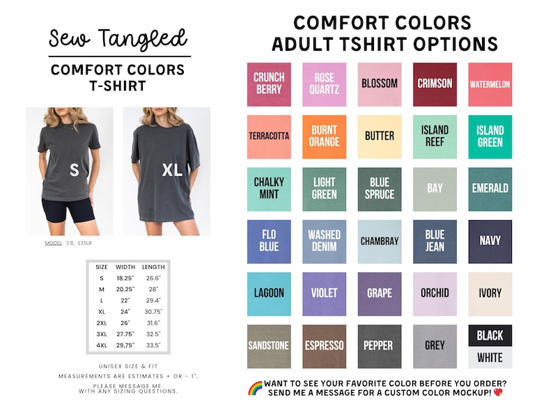The image is a collage of various adult t-shirt options, including different colors and styles, along with their corresponding measurements and fit information.