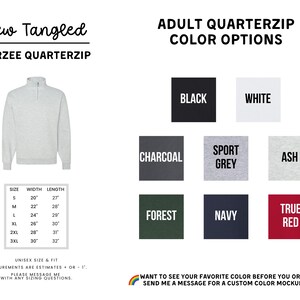 The image is a collage of various color options for an adult quarterzip, including different shades of gray, black, white, charcoal, sport grey, ash, forest, navy, true red, and forest.
