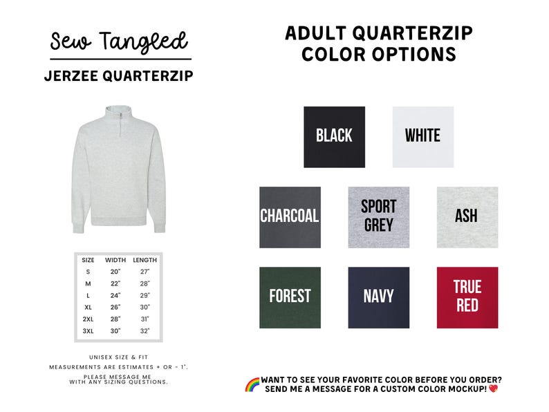 The image is a collage of various color options for an adult quarterzip, including different shades of gray, black, white, charcoal, sport grey, ash, forest, navy, true red, and forest.