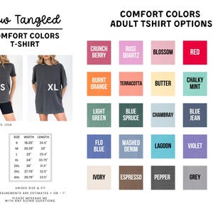 The image is a collage of various adult t-shirt options, including different colors and styles, along with their corresponding measurements and fit information.