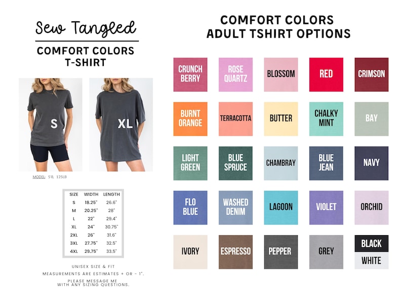 The image is a collage of various adult t-shirt options, including different colors and styles, along with their corresponding measurements and fit information.