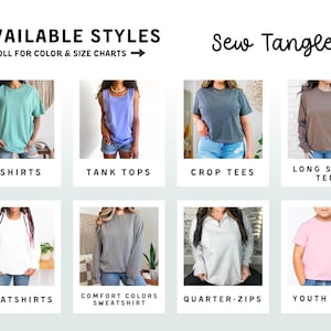 The image is a collage of various styles of clothing, including T-shirts, tank tops, crop tees, long sleeve tees, sweatshirts, and youth sizes.