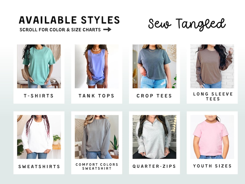 The image is a collage of various styles of clothing, including T-shirts, tank tops, crop tees, long sleeve tees, sweatshirts, and youth sizes.