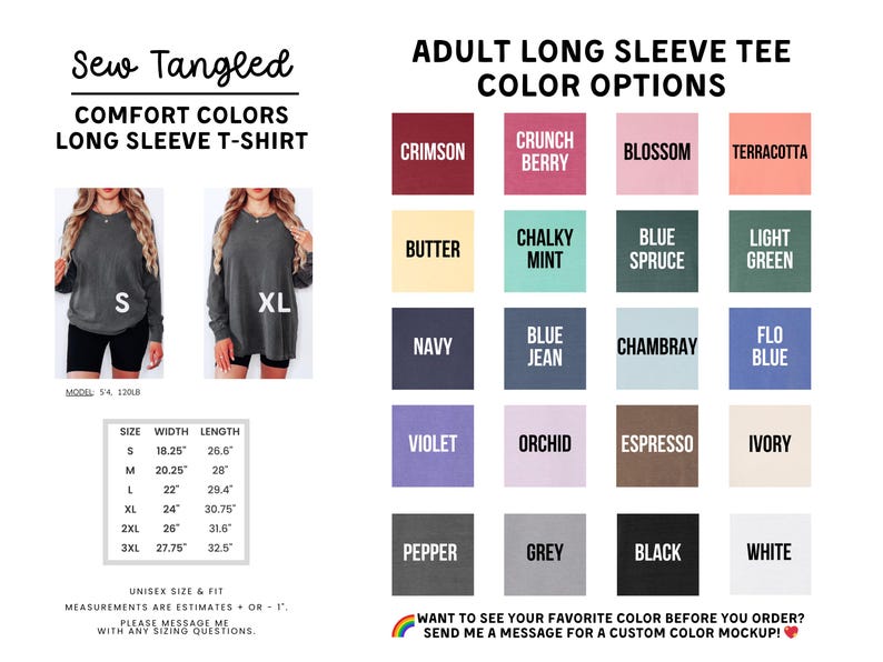 The image is a collage of various adult long sleeve t-shirt designs, including different colors and styles, along with measurements and a message for custom color mockups.