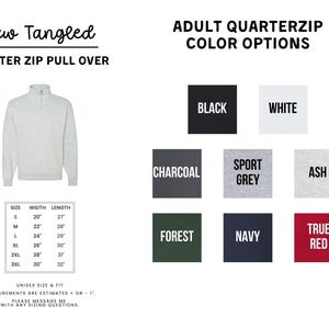 The image is a collage of various images, including a gray sweatshirt, a black sweatshirt, a white sweatshirt, a charcoal grey sweatshirt, a sport grey sweatshirt, a ash sweatshirt, a forest sweatshirt, a navy sweatshirt, and a true red sweatshirt. The image also includes a size chart and color options for the sweatshirts.