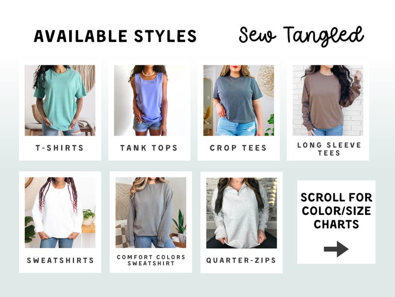 The image is a collage of various clothing styles, including T-shirts, tank tops, crop tees, long sleeves, sweatshirts, and crop tees, arranged in a grid format.