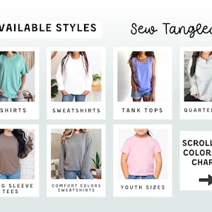 The image is a collage of various clothing styles, including T-shirts, sweatshirts, tank tops, and long sleeve tees, along with charts for sewing and color/size charts.