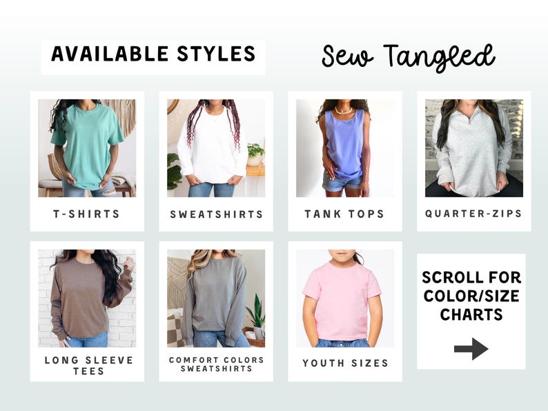 The image is a collage of various clothing styles, including T-shirts, sweatshirts, tank tops, and long sleeve tees, along with charts for sewing and color/size charts.