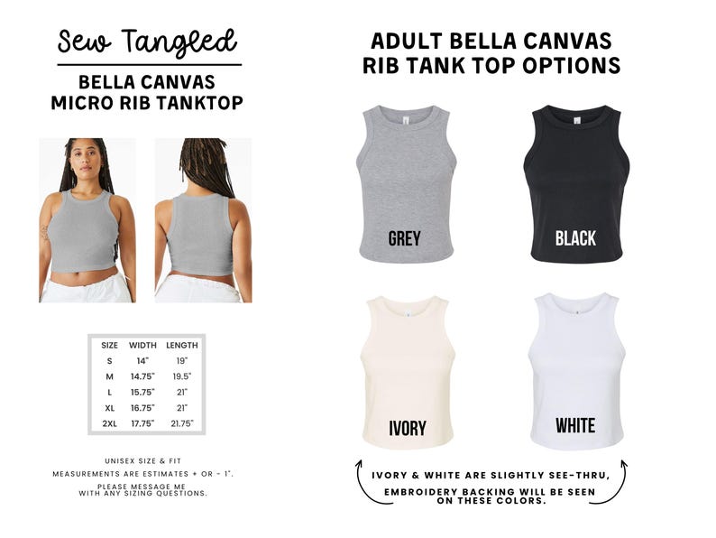 The image is a collage of two photos of women wearing gray and black tops, along with a description of adult Bella Canvas rib tank tops in grey, black, white, and ivory colors.