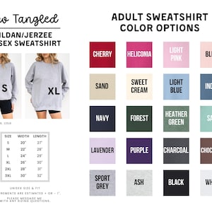 The image is a collage of various colored adult sweatshirts, each with different sizes and styles, along with their corresponding color options.