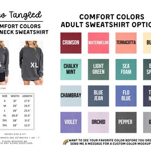 The image is a collage of various adult sweatshirt options, including crew necks, with different colors and styles. The text provides information about the comfort colors and crew neck sweatshirt options available for purchase.