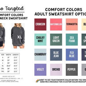 The image is a collage of various adult sweatshirt options, including crew necks, with different colors and styles. The text provides information about the comfort colors and crew neck sweatshirt options available for purchase.