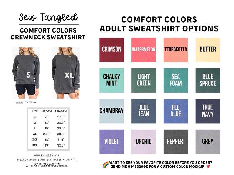 The image is a collage of various adult sweatshirt options, including crew necks, with different colors and styles. The text provides information about the comfort colors and crew neck sweatshirt options available for purchase.