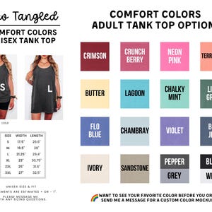 The image is a collage of various colored tank tops, each with different styles and sizes, along with a list of comfort colors and adult tank top options.