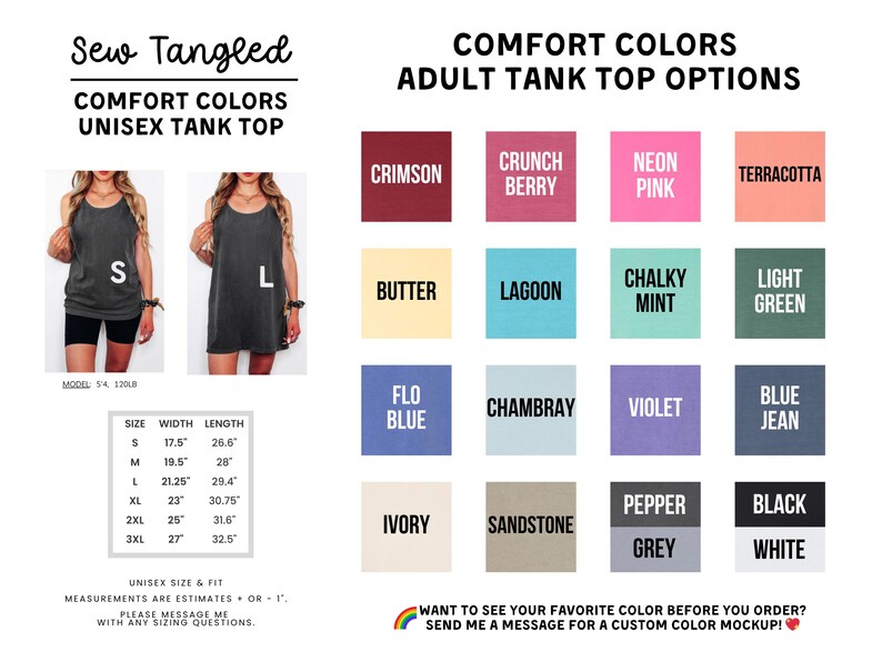 The image is a collage of various colored tank tops, each with different styles and sizes, along with a list of comfort colors and adult tank top options.