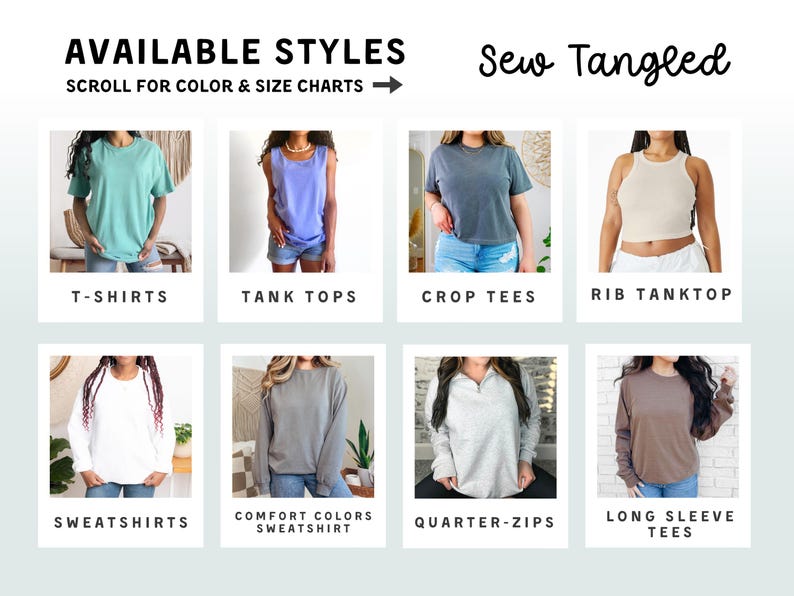 The image is a collage of various styles of clothing, including T-shirts, tank tops, crop tees, rib tanktops, sweatshirts, and long sleeve tees, each with different colors and sizes.