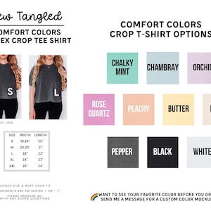 The image is a collage of various images featuring different colored cropped t-shirt designs, along with a list of comfort colors and crop t-shirt options.
