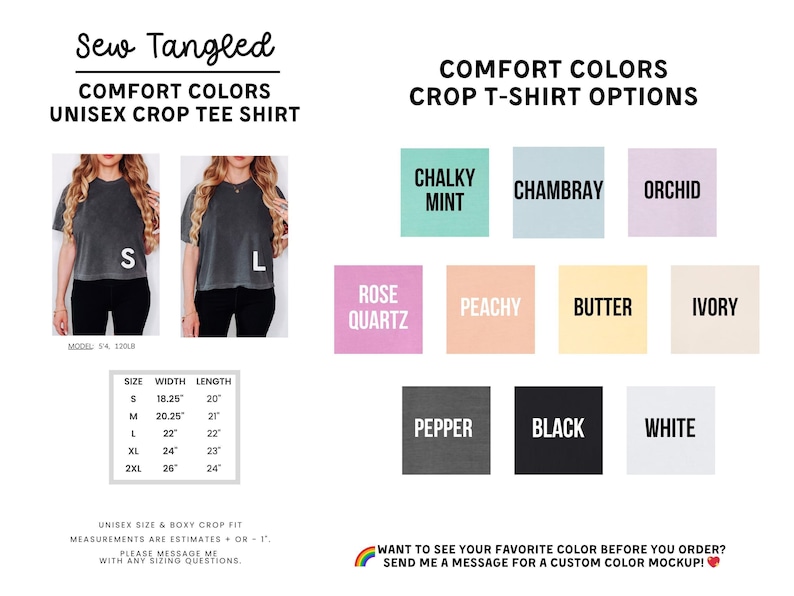 The image is a collage of various images featuring different colored cropped t-shirt designs, along with a list of comfort colors and crop t-shirt options.