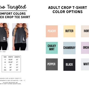 The image is a collage of various images featuring different color options for an adult crop-style t-shirt.