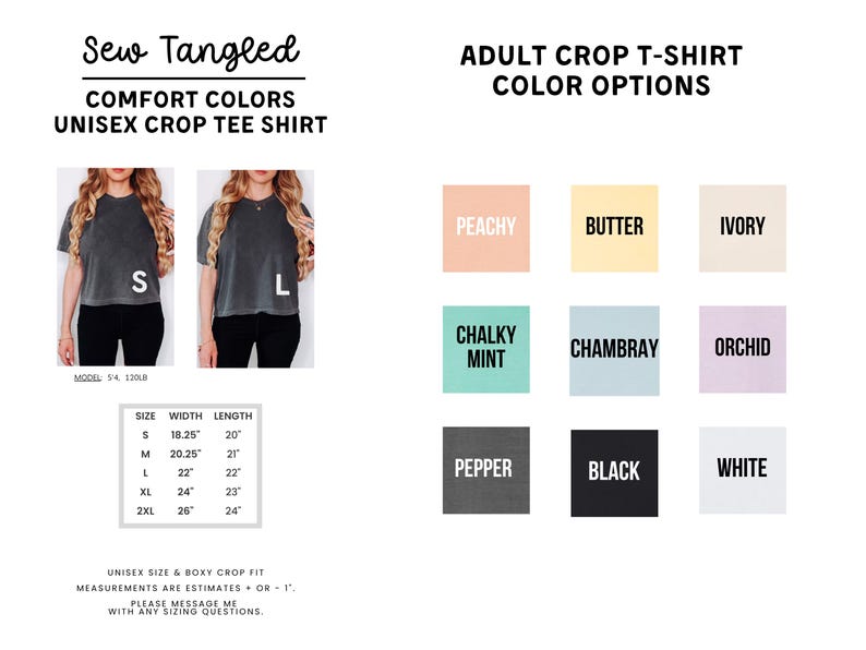 The image is a collage of various images featuring different color options for an adult crop-style t-shirt.