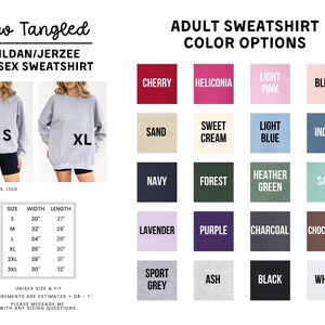 The image is a collage of various colored adult sweatshirts, each with different sizes and styles, along with their corresponding color options.