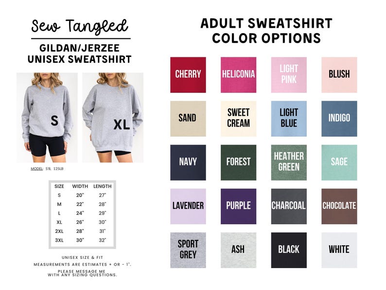 The image is a collage of various colored adult sweatshirts, each with different sizes and styles, along with their corresponding color options.