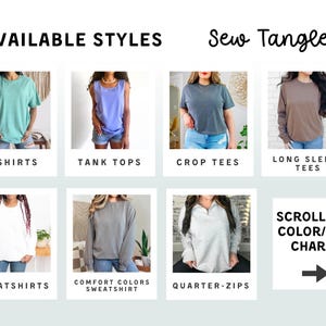The image is a collage of various clothing styles, including T-shirts, tank tops, crop tees, long sleeves, sweatshirts, and crop tees, arranged in a grid format.