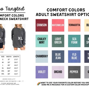 The image is a collage of various adult sweatshirt options, including crew necks, with different colors and styles. The text provides information about the comfort colors and crew neck sweatshirt options available for purchase.