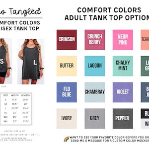 The image is a collage of various colored tank tops, each with different styles and sizes, along with a list of comfort colors and adult tank top options.