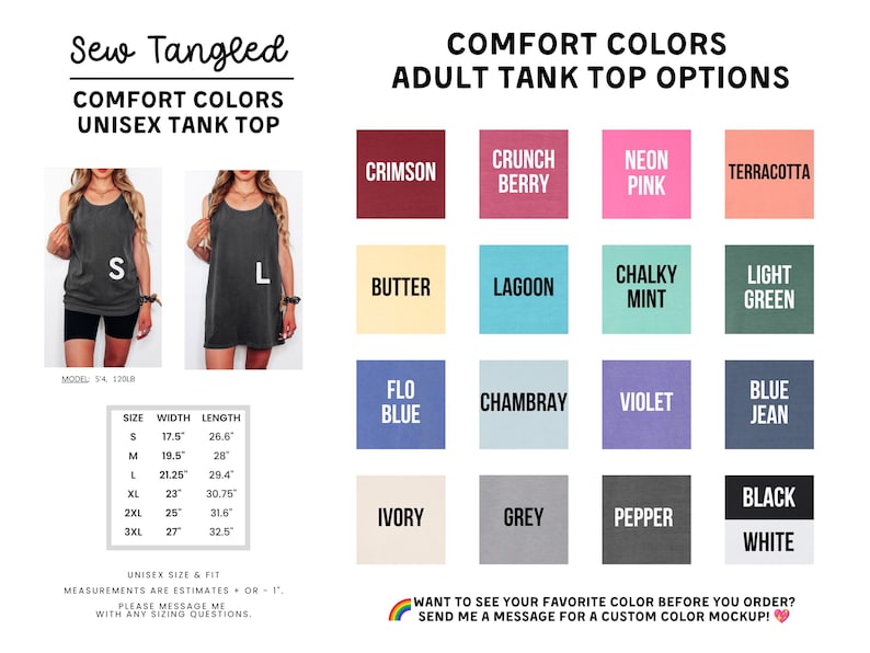 The image is a collage of various colored tank tops, each with different styles and sizes, along with a list of comfort colors and adult tank top options.