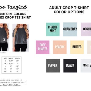 The image is a collage of various images featuring different styles and colors of unisex crop t-shirts. It includes images of two women wearing the t-shirts, along with color options and measurements for each style.