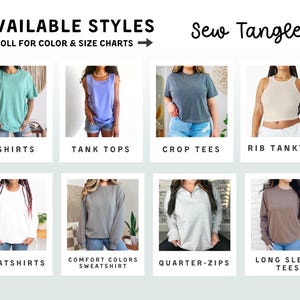 The image is a collage of various styles of clothing, including T-shirts, tank tops, crop tees, rib tanktops, sweatshirts, and long sleeve tees, each with different colors and sizes.