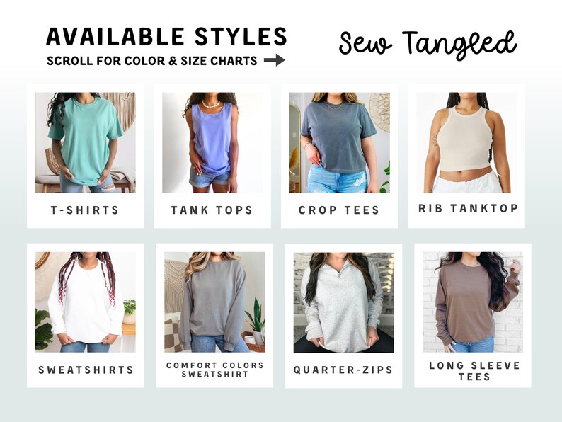 The image is a collage of various styles of clothing, including T-shirts, tank tops, crop tees, rib tanktops, sweatshirts, and long sleeve tees, each with different colors and sizes.