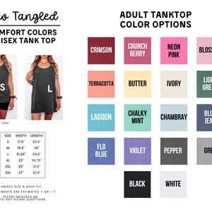 The image is a collage of various colored tank tops, each with different styles and sizes, along with a list of color options and measurements.