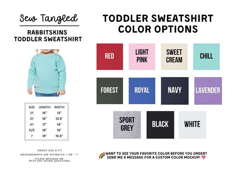 The image is a collage of various color options for a toddler sweatshirt, including different shades of blue, green, pink, and black.