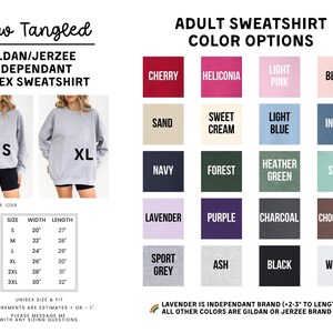 The image is a collage of various colored adult sweatshirts, each with different sizes and styles, along with a list of color options and measurements.