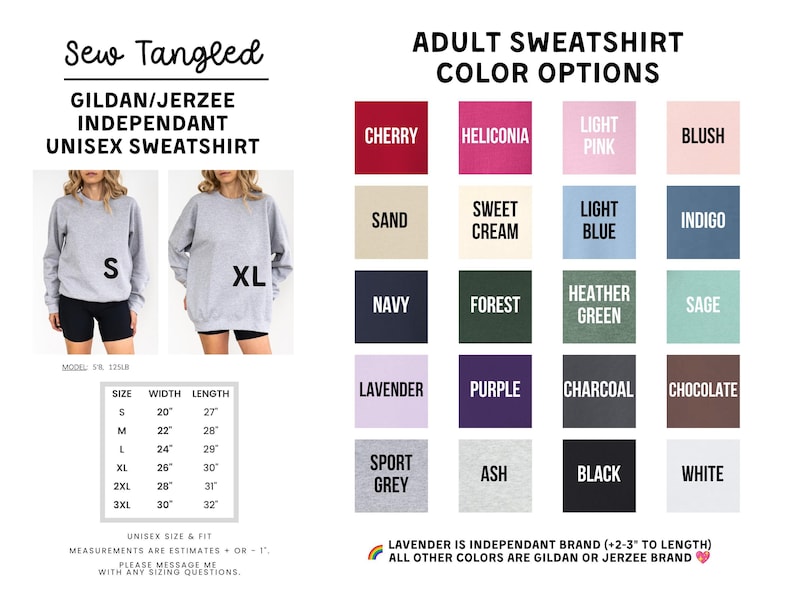 The image is a collage of various colored adult sweatshirts, each with different sizes and styles, along with a list of color options and measurements.