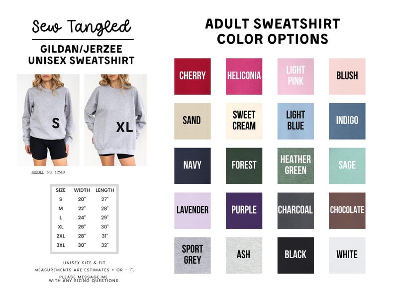 The image is a collage of various colored adult sweatshirts, each with different sizes and styles, along with their corresponding color options.