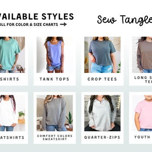 The image is a collage of various styles of clothing, including T-shirts, tank tops, crop tees, long sleeve tees, sweatshirts, and youth sizes.