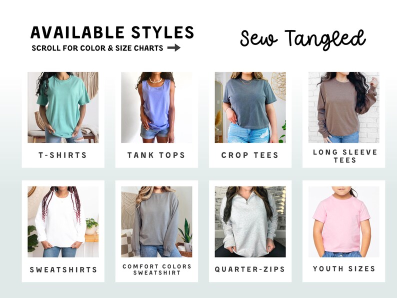 The image is a collage of various styles of clothing, including T-shirts, tank tops, crop tees, long sleeve tees, sweatshirts, and youth sizes.