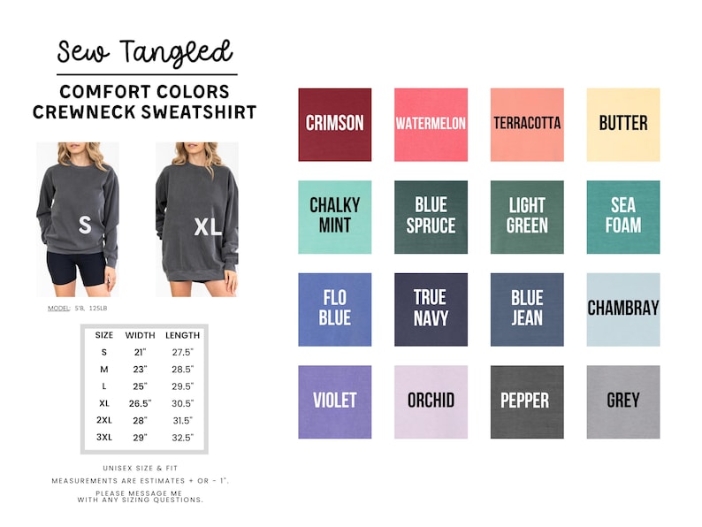 The image is a collage of various crew neck sweatshirt colors, including different shades of gray, blue, green, and orange. The image also includes a model size chart and a list of comfort colors for the crew neck sweatshirt.