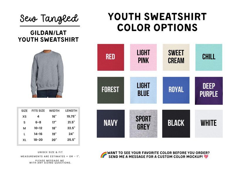 The image is a colorful selection of youth sweatshirt designs, including various colors and styles, along with a size chart and a message for customers to see their favorite color before ordering.