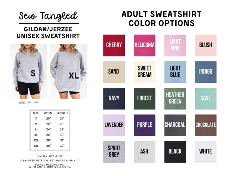The image is a collage of various colored adult sweatshirts, each with different sizes and styles, along with their corresponding color options.