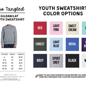 The image is a colorful selection of youth sweatshirt designs, including various colors and styles, along with a size chart and a message for customers to see their favorite color before ordering.