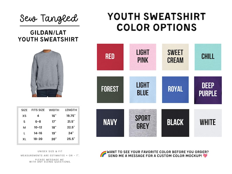 The image is a colorful selection of youth sweatshirt designs, including various colors and styles, along with a size chart and a message for customers to see their favorite color before ordering.