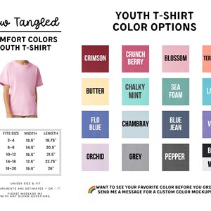 The image is a collection of various youth t-shirt colors, including pink, red, orange, black, and grey, along with corresponding size and fit information.