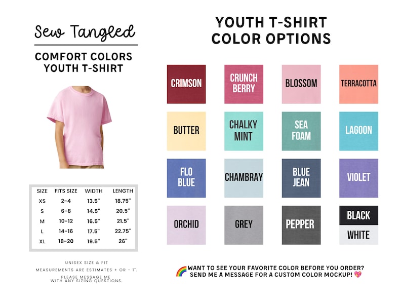The image is a collection of various youth t-shirt colors, including pink, red, orange, black, and grey, along with corresponding size and fit information.