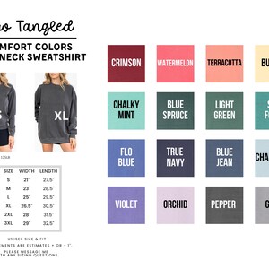 The image is a collage of various crew neck sweatshirt colors, including different shades of gray, blue, green, and orange. The image also includes a model size chart and a list of comfort colors for the crew neck sweatshirt.